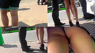 Upskirt g-string footage of a skinny ass brunette