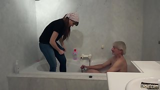 Old Young cleaning lady gets fucked by wrinkled grandpa